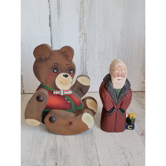 Vintage wooden teddy bear Santa Claus unique rustic folk art set decor - Picture 1 of 7